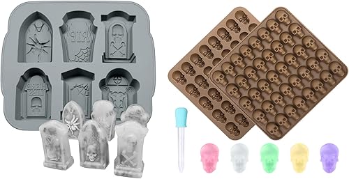 Molde de lápida 1P RIP y 2 paquetes de 40 moldes de caramelo de calavera de cavidad con 1 cuentagotas para cubitos de hielo de Halloween, chocalate,