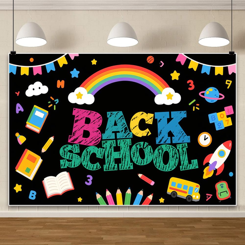 4.2x3m Cartoon-Regenbogen Einschulung-Fotohintergrund Schulbuch Bleistift Tafel Hintergrund für Bürobanner Klassenzimmerbedarf Fotokabine