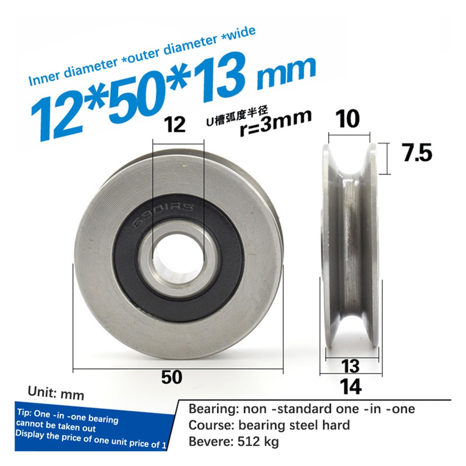 1pc 12 * 50 * 13mm Metallo U-groove Pista Fune Metallica Di Sollevamento Cuscinetto Ruota Puleggia Guida