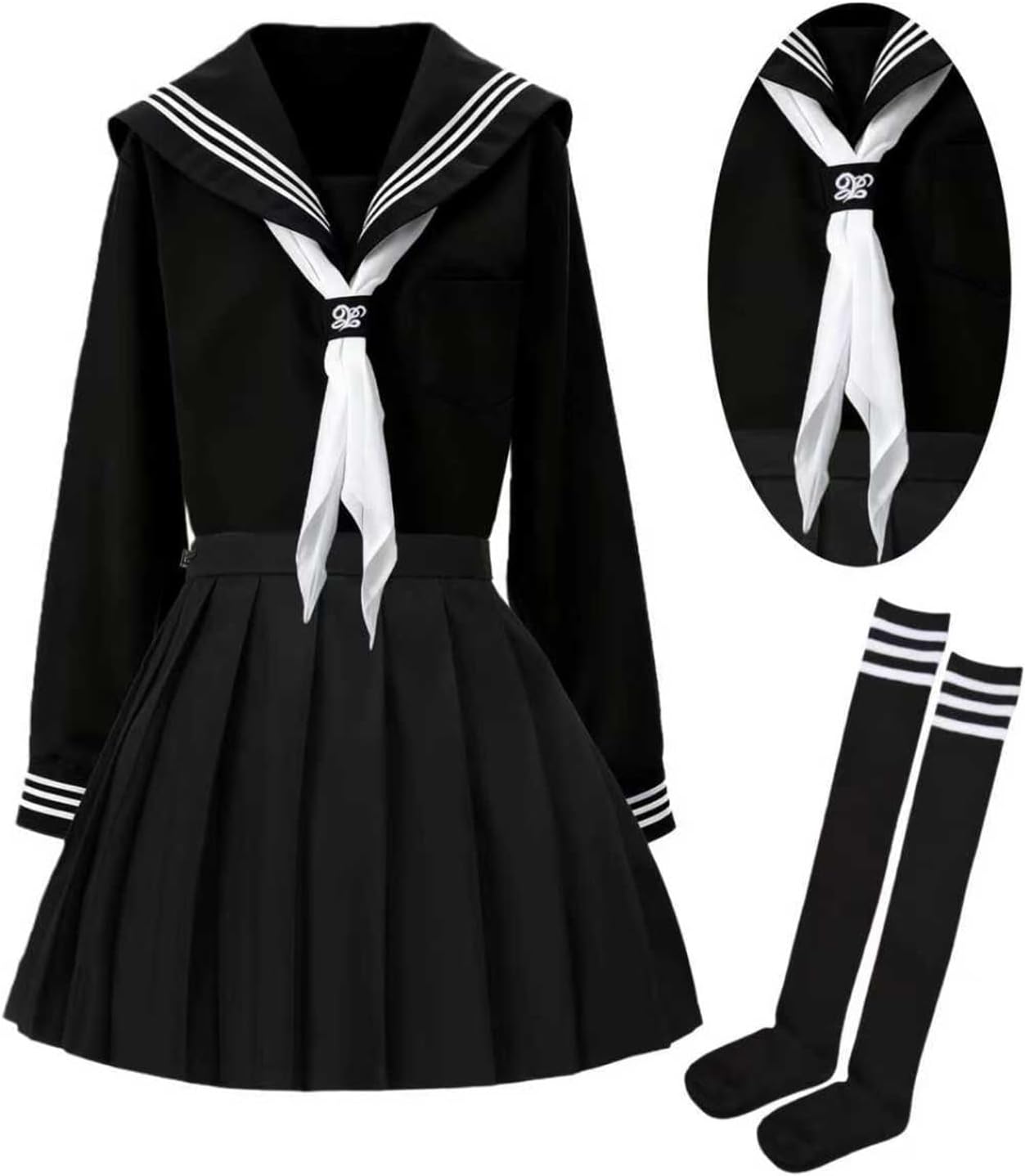 Black Japanese Sailor Uniform for Women – Long Sleeve 3-Line Top, White Scarf, Skirt & Socks JK Cosplay Outfit