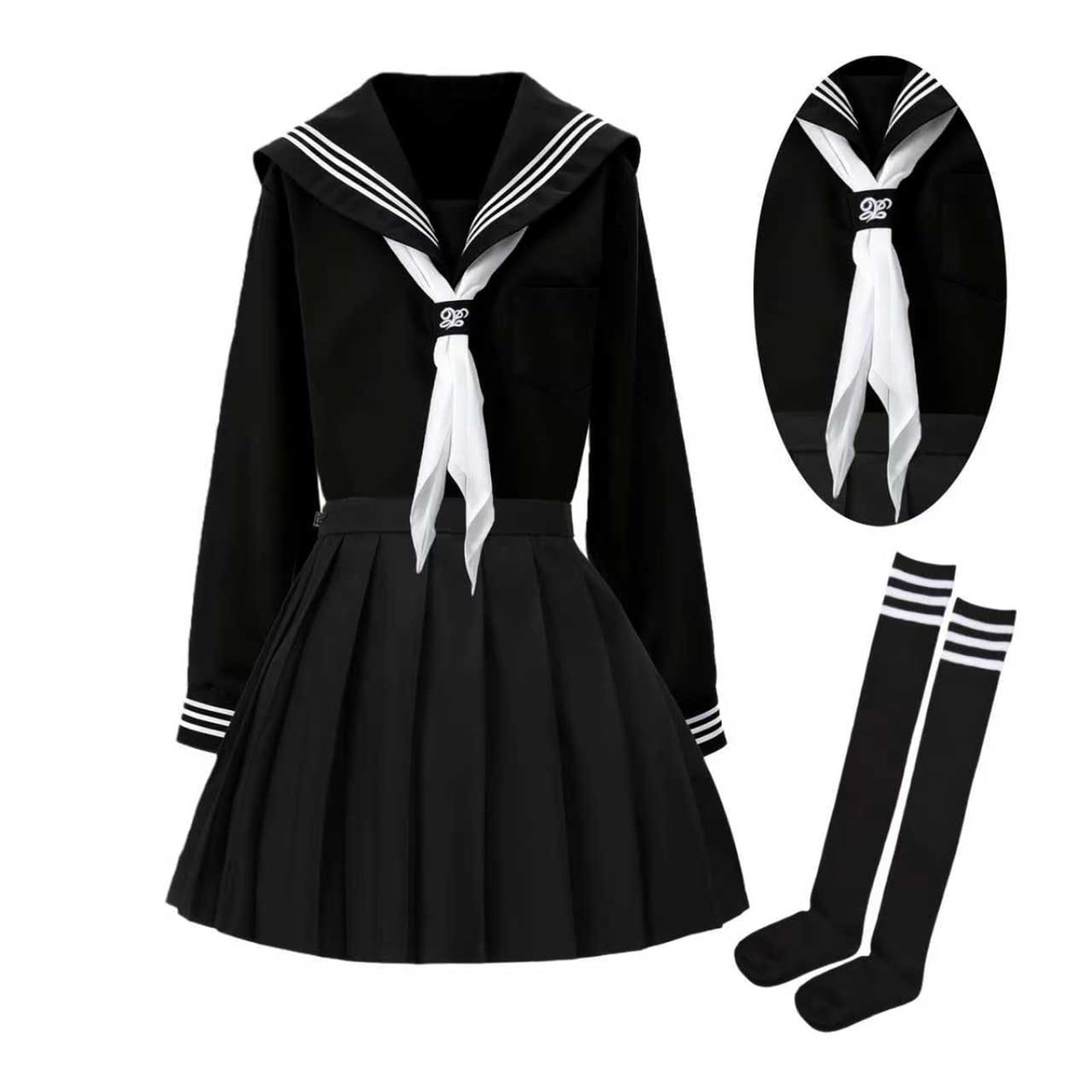 BUITVOZE Black Japanese Sailor Uniform for Women – Long Sleeve 3-Line Top, White Scarf, Skirt & Socks JK Cosplay Outfit, Black, Asia 5XL