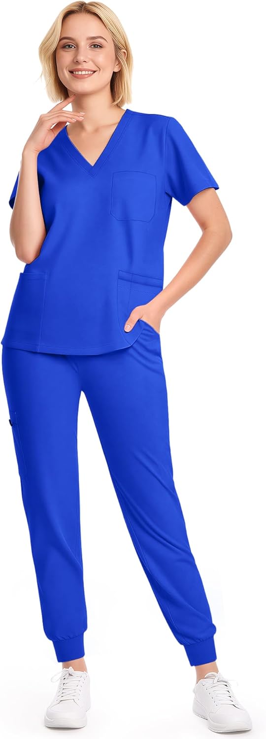 Scrubs for Women Set - 8-Pocket V-Neck Scrub Uniform, Stretch Jogger Pants, Medical...