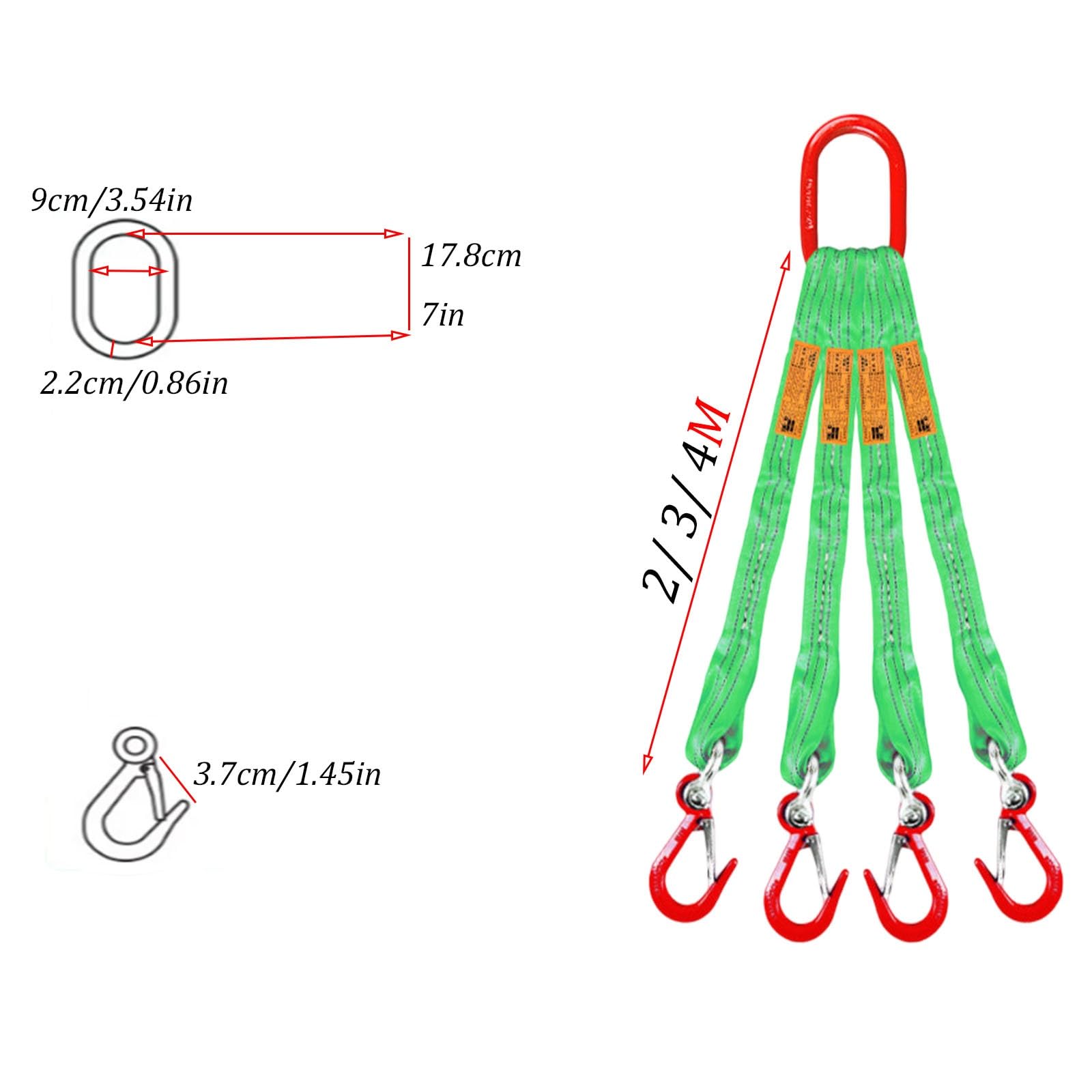 Eslingas de elevación de 4 ramales con Ganchos, eslingas de poliéster de 8T con Anillos metálicos, eslingas de Alta Resistencia de Cuatro ramales para Carga y Descarga(13.12ft/4m)