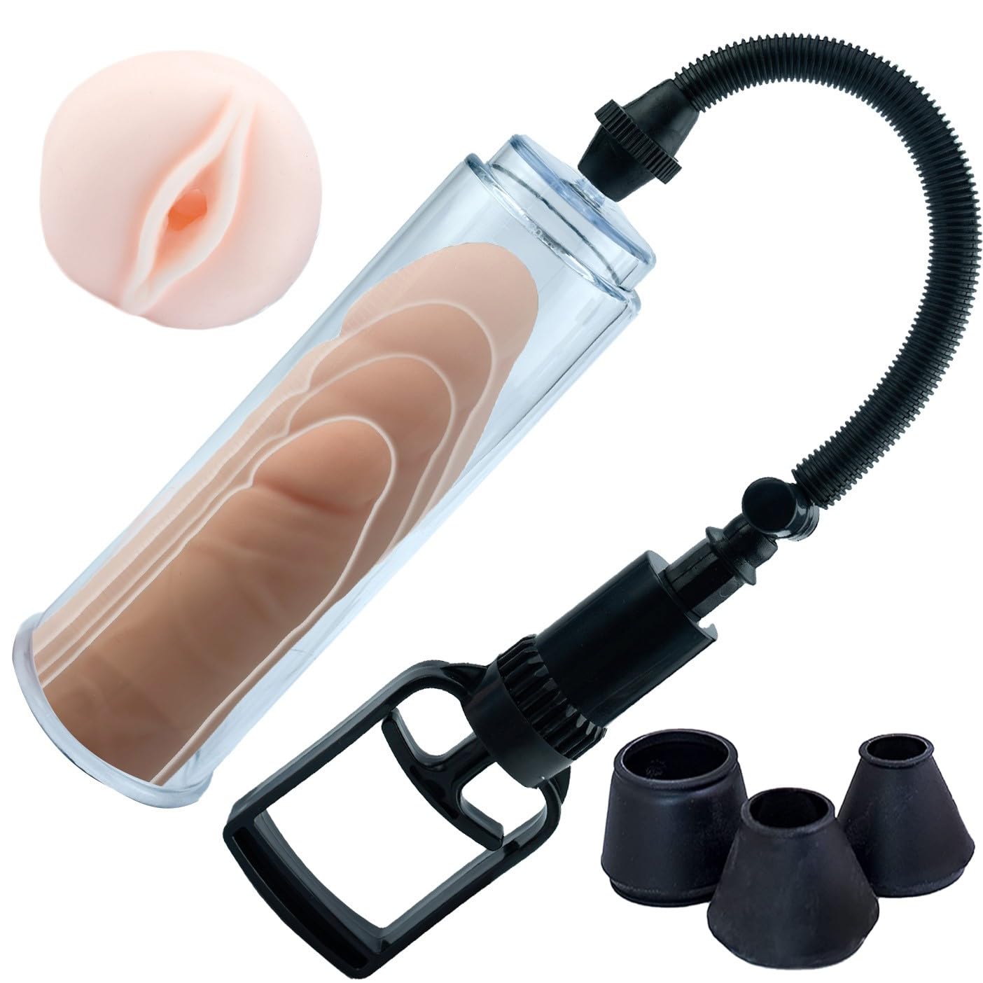 Pompe per pene con 3 polsini + pene masturbatore da 19 cm per uomo Vacuum  pompa