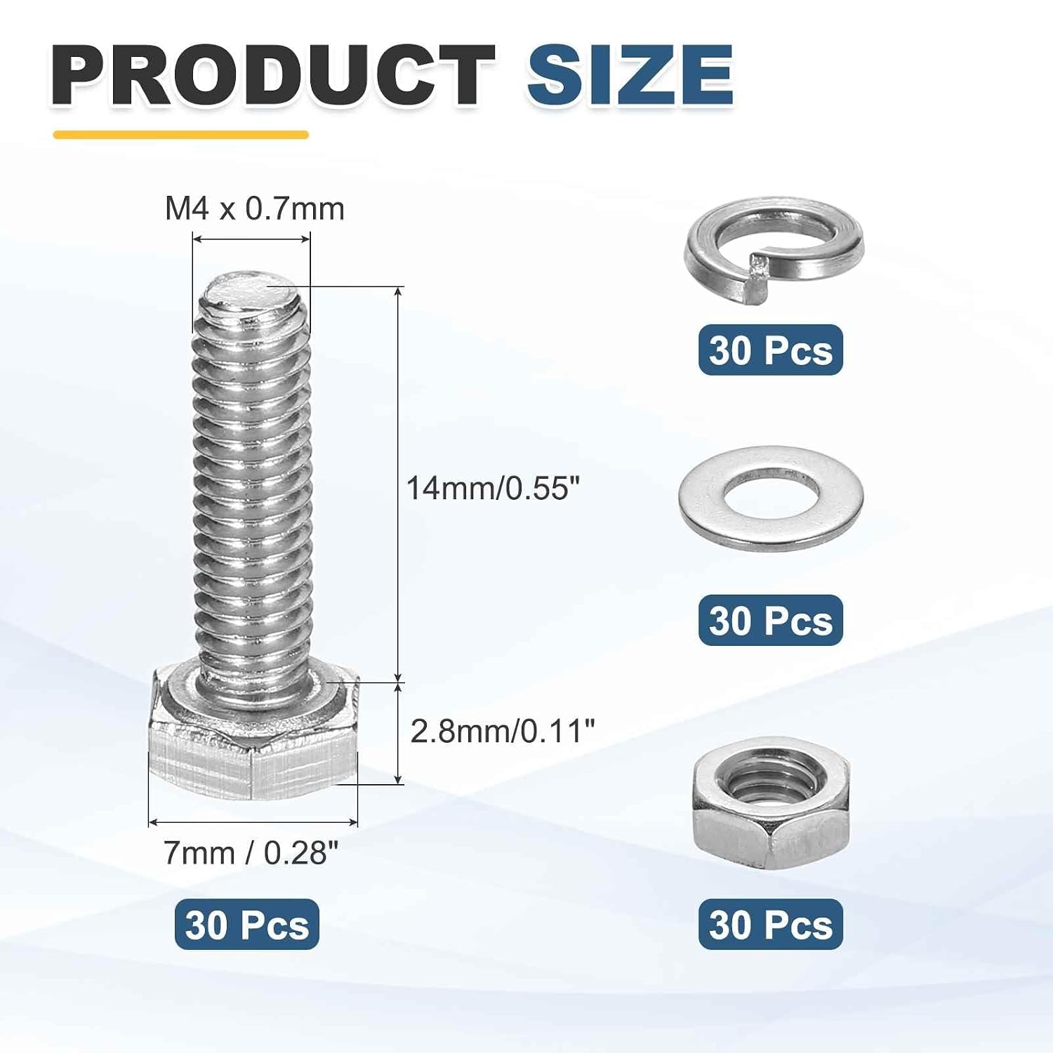 MECCANIXITY M4 x 14mm 304 Stainless Steel Hex Head Screws Bolts, Nuts, Flat & Lock Washers Assortment Kit, Fully Threaded, Bright Finish for Home, Electronic, Machine, 30 Sets