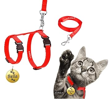 Kraftidy cat Harness with Leash and Name tag id Customized for Kitten Small Medium Big Adult Cats pet Adjustable Body Harness with Leash Belt Combo with Personalized Cat Name (Red)
