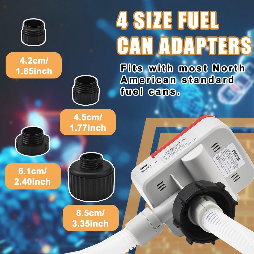 Fuel Transfer Pump with Auto-Stop Sensor & Overfill Protection, 3.2 GPM Portable Automatic Gas Pump for Oil/Diesel/Gasoline, Battery & USB Powered with 51" Hose, 4 Tank Adapters, Quick Flow Control