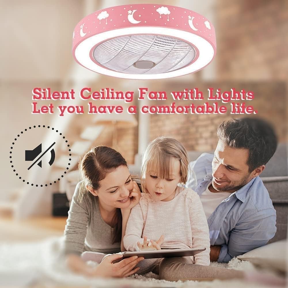 Modern Pink Ceiling Lamp Enclosed 20" Flush Mount Ceiling Fan Light Simple Round Kids Room Ceiling Fan with Remote Control Dimmable for Living Room Bedroom Office Study Room Dining Room