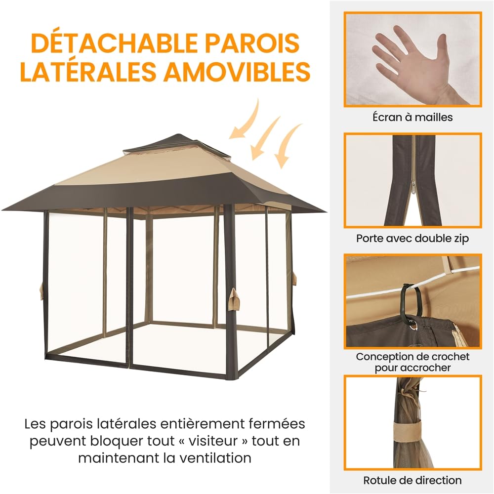 Yaheetech Tonnelle de Jardin 4×4 m Gazebo Abri Soleil Tente Pliante Autoportante avec Toiles Moustiquaires