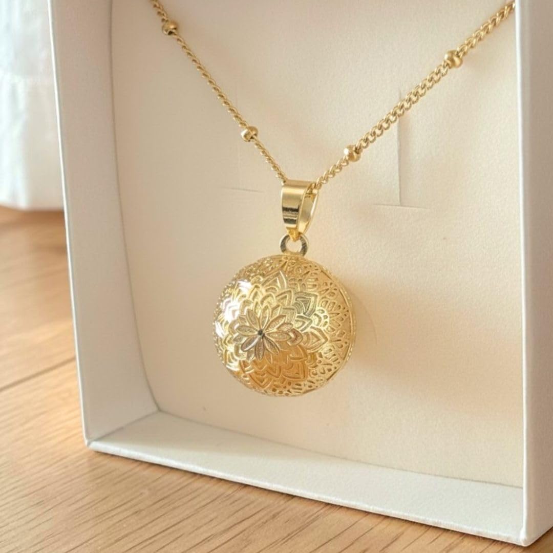 Bola de grossesse fleur de vie - Bola grossesse fleur - Collier bola grossesse or doré 18 carats et chaine bola en acier inoxydable maille satellite - Bola grossesse mandala or - Cadeau femme enceinte