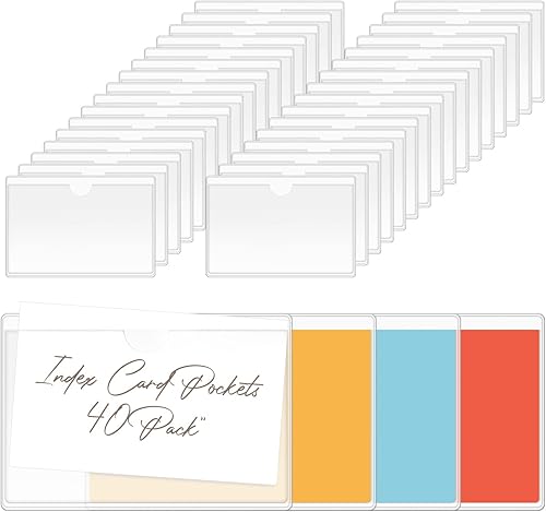Paquete de 40 bolsillos adhesivos transparentes con apertura superior a etiquetas extraíbles soporte para etiquetas para tarjetas de índice