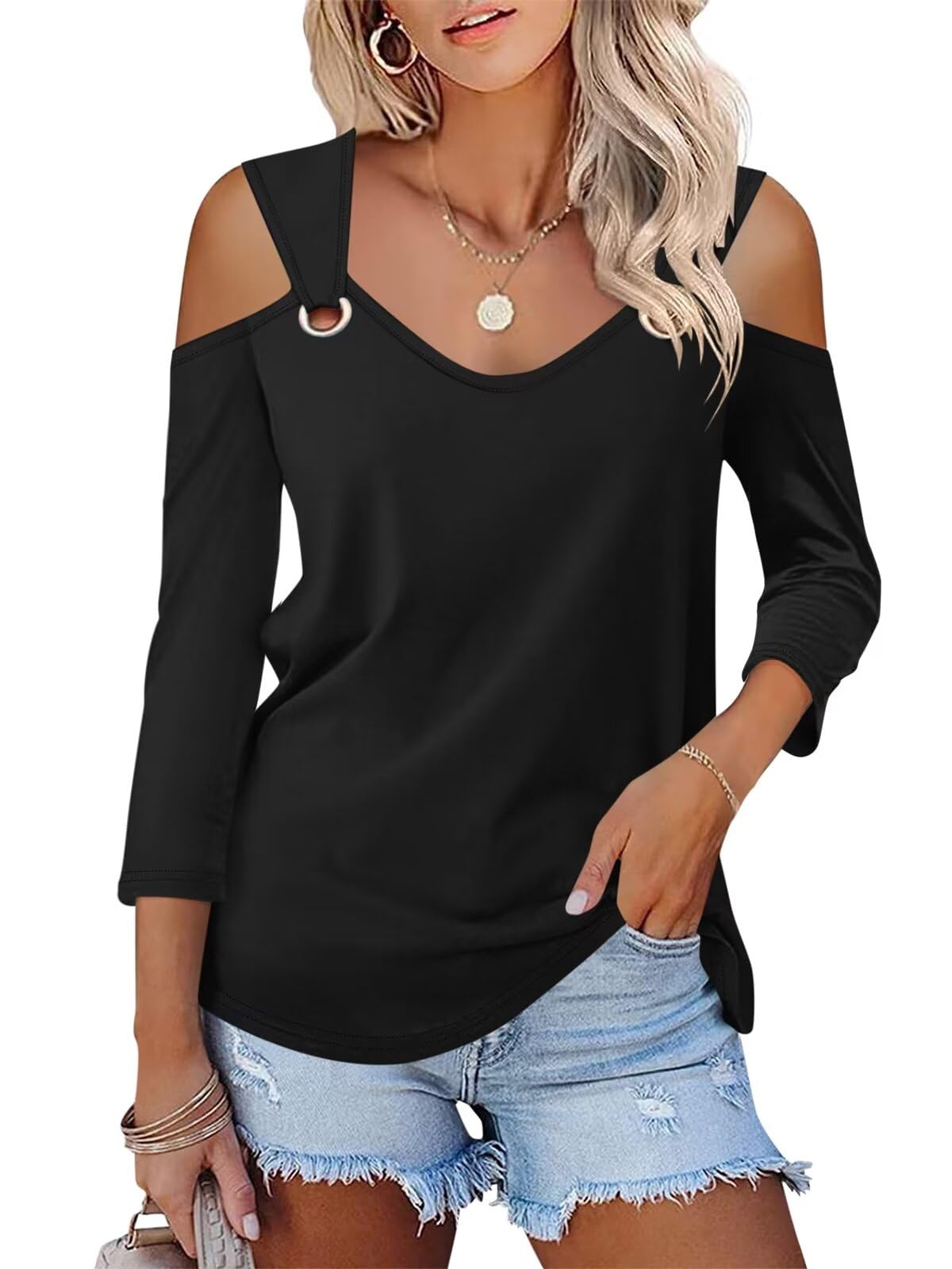 Women's V Neck 3/4 Sleeve Shirts Cold Shoulder Tops Basic Summer Tees