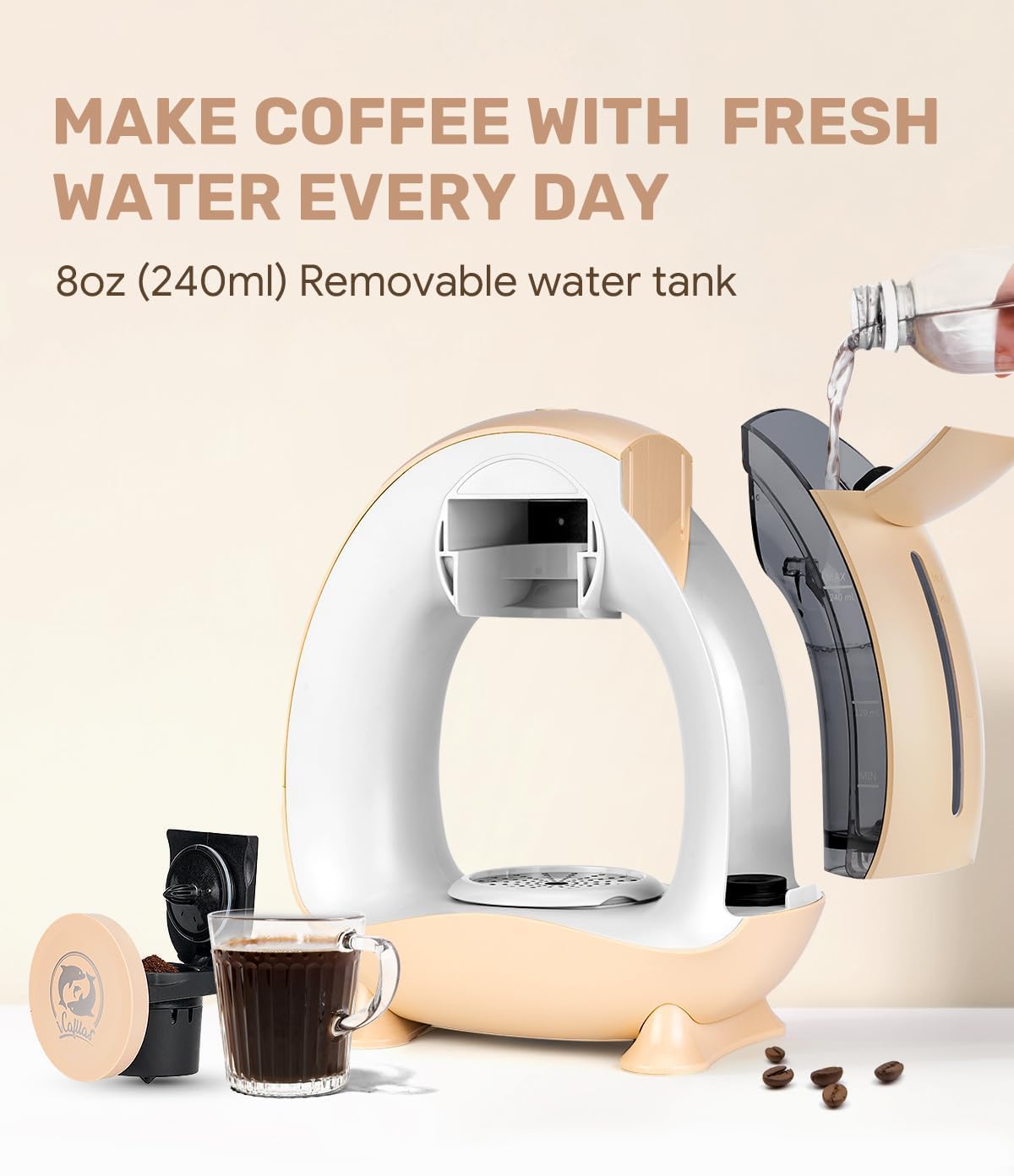 i Cafilas Mini Machine à Café Électrique, Cafetière 2-en-1 pour Café Moulu et Thé, Chauffage Rapide 20 s, Café Prêt en 2 min, Compacte pour Petit Espace, Champagne