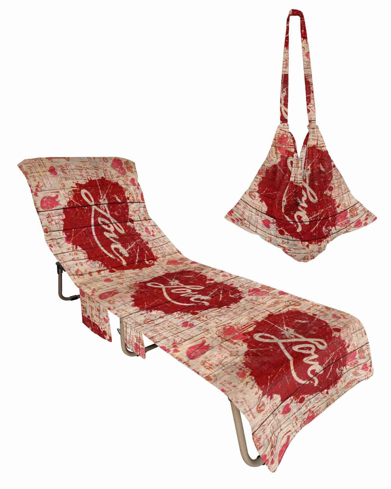 Valentine's Day Beach Chair Towel Covers for Chaise Lounge with Side Pocket, Soft Plush Pool Towels Cover for Patio Sunbathing Outdoor 29''x85'' Farmhouse Wood Red Love Heart