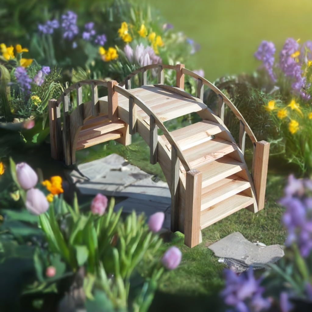 SamsGazebos Fairy Tale Wood Garden Bridge with Decorative Picket Railings and Steps, 33" L, Unfinished