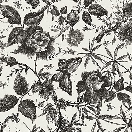 JiffDiff Floral Vintage Wallpaper Peel and Stick Wall Stick Black and White Rose Removable Vinyl Wall Paper Sketch Floral Decor for Living Room, Nursery, Wedding, 15.8inx 236in