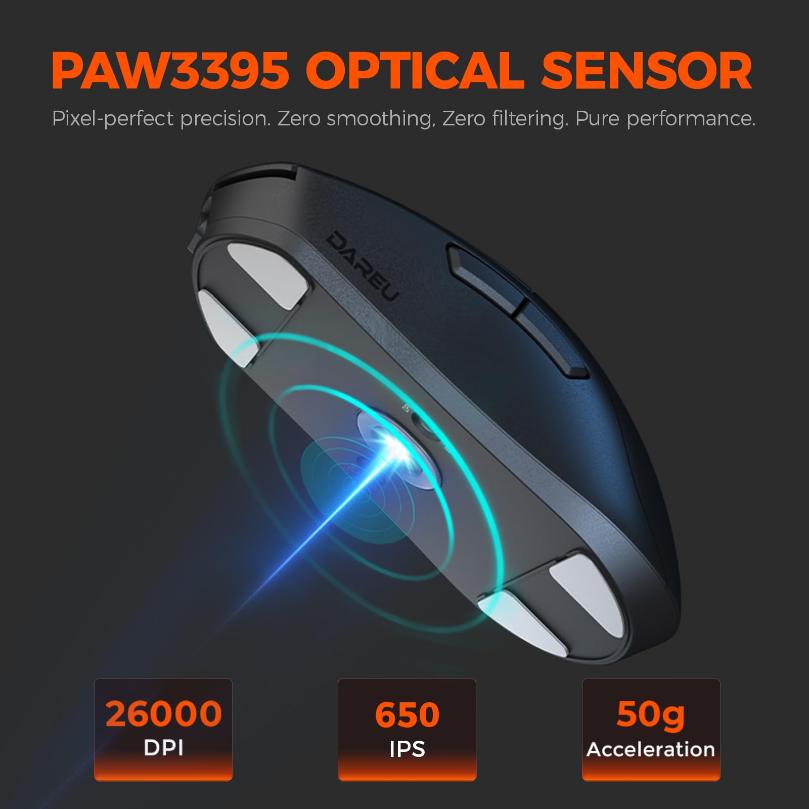 DAREU A950GM Mouse gaming ultraleggero da 60 g, sensore PixArt PAW3395, microinterruttori da gioco HUANO da 100 milioni, 26000 DPI, ricarica rapida in 30 minuti, mouse gaming tri-mode per PC/Mac