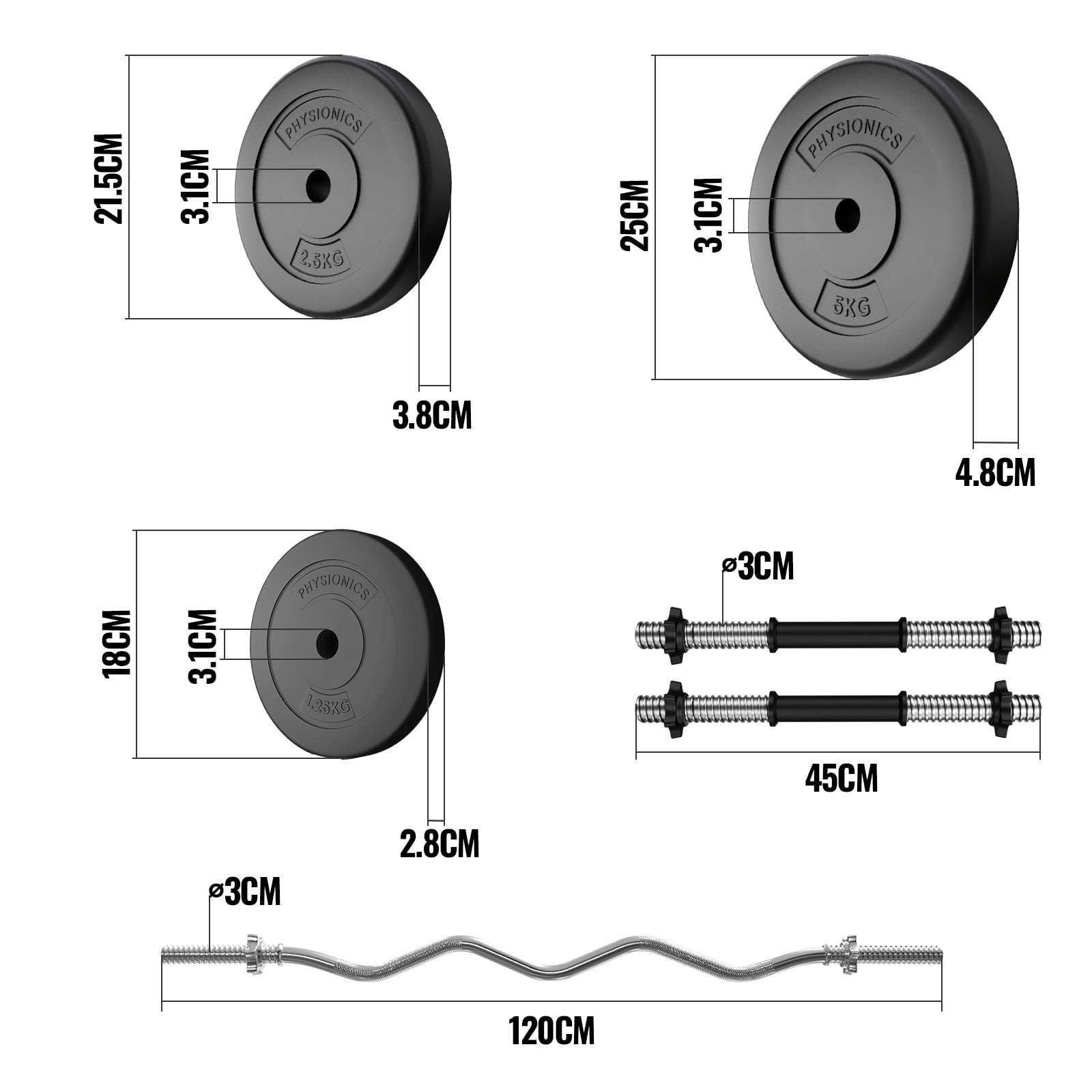 Physionics® Kit Barre Disques Poids - 36/56/76kg, Curl EZ 120cm/Ø30mm, Plaques Ø31mm - Gym, Fitness, Musculation