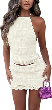 Yiulangde Y2k Mini Skirt Sets for Women Beach Vacation Lace Skirt and Backless Halter Tie Crop Tops Going Out 2 Piece Outfits