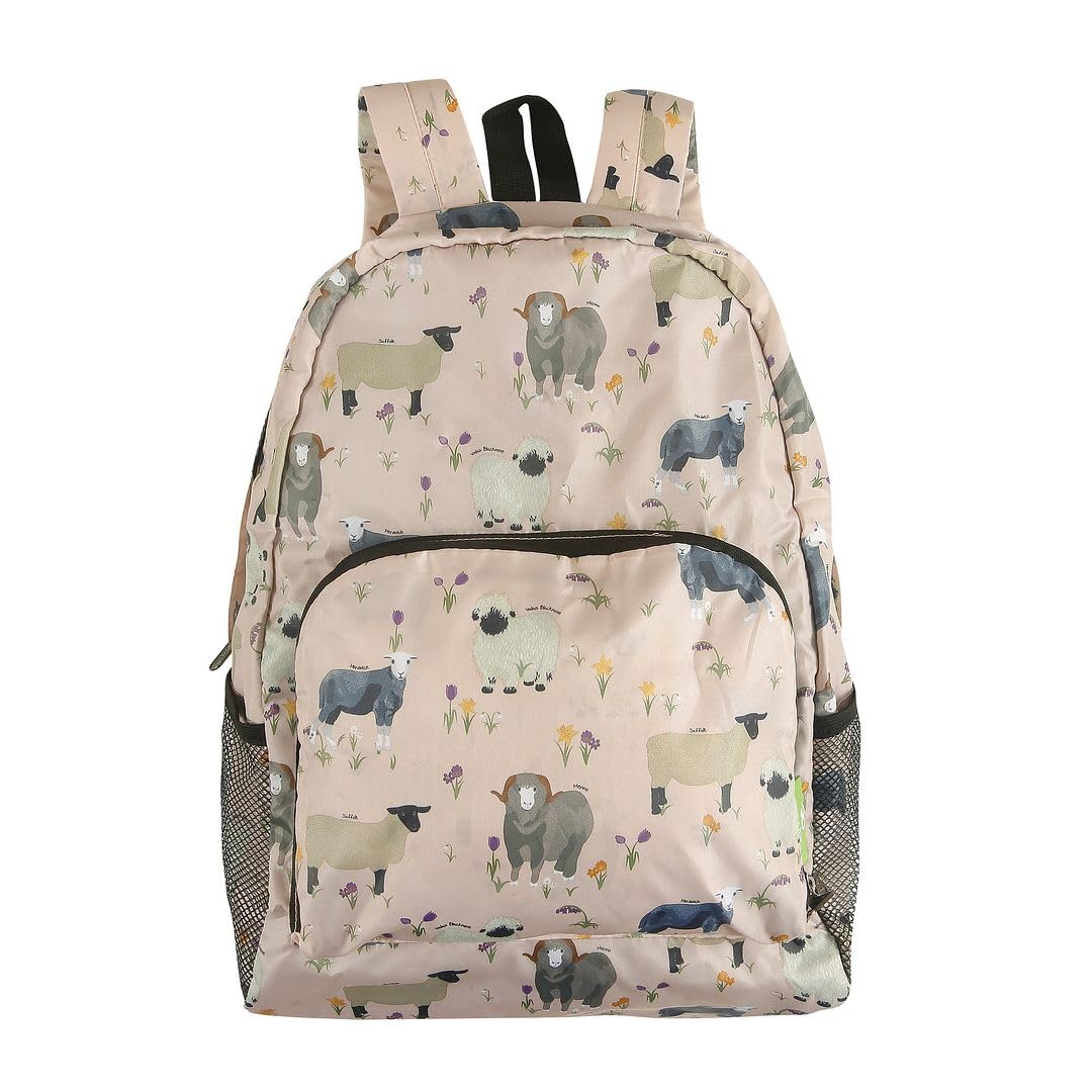 Eco Chic Unisex Sheep Realism Beige Lightweight Foldable Water Resistant Backpack Rucksack Folds Into Pouch For Storage (Sheep Realism Beige)