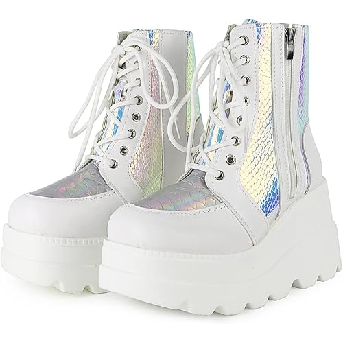 Mikarka Holographic Platform Boots for Women, Lace Up Ankle Studded Buckle Goth Stacked Wedge Combat Ankle Boots