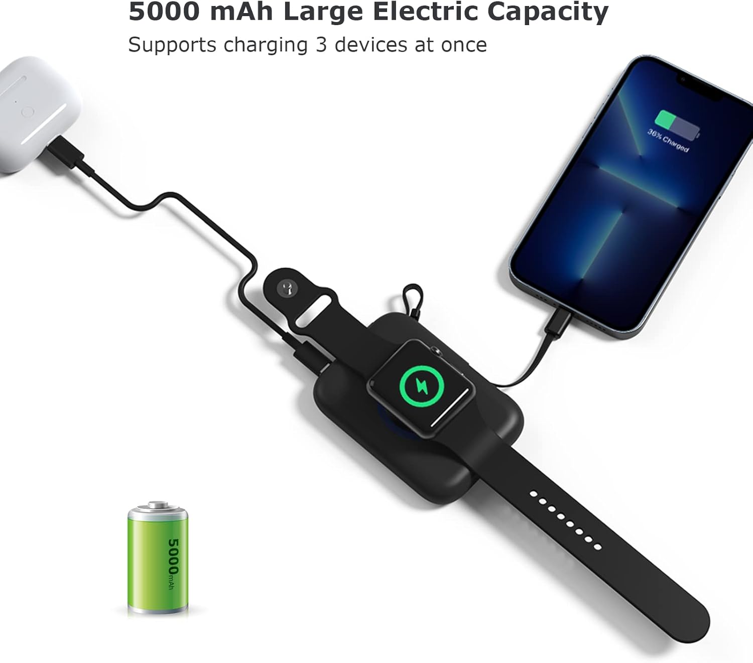 lifeegrn Wireless Portable Watch Charger for All Apple Watch Series, 5000mAh iWatch Magnetic Charger Power Bank Battery with Built in Cable, Travel Watch and Phone Charger for iPhone13/12/11, Black : Cell Phones & Accessories