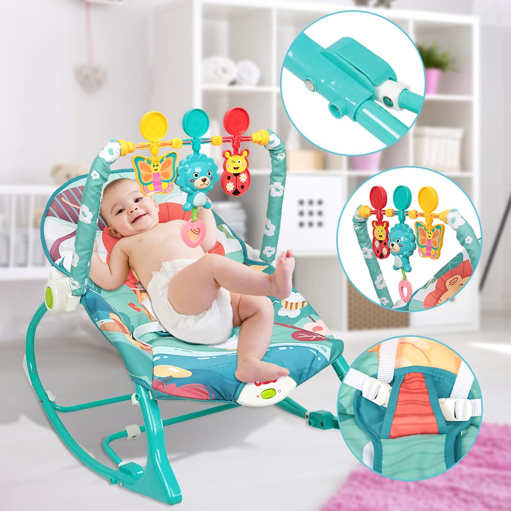 Transat Bébé Vibrations Apaisantes, Transat Evolutif et Siège Sauteur,3 Positions d'Inclinaison, Musique, 3 Points Harnais, 2 Jouets, Arche de Jeu, 0-6 Mois Jusqu'à 11 kg (bleu)