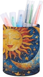 Sun And Moon Pencil Holder for Desk Aesthetic Pen Holder | Round PU Pencil Organizer & Makeup Brush Cup Stylish Desktop Office Accessories for Women, Men, Teachers Stationery Holder