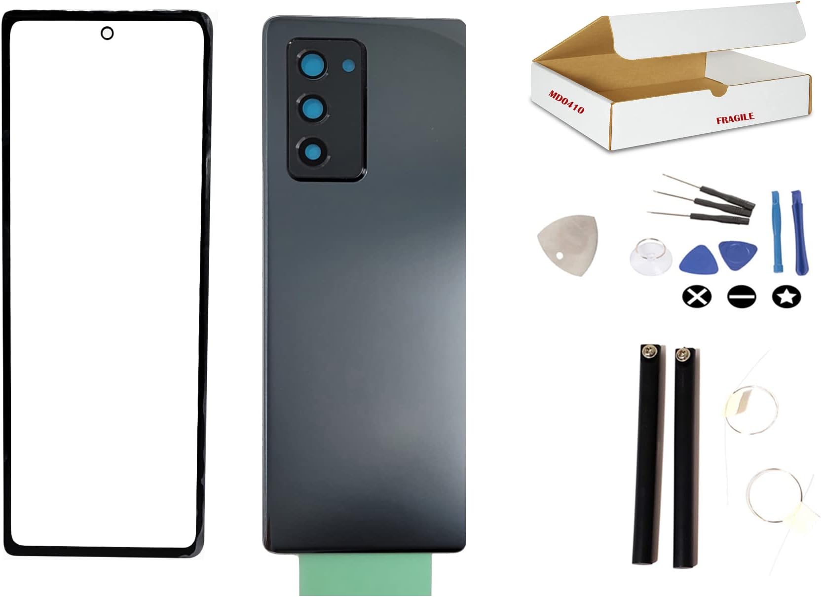 MD0410 Screen Repair Kit Compatible with Samsung Galaxy Z Fold 2 F916 Front Outer Glass Lens Back Housing Camera Frame Lens Cover Replacement (Mystic Black)