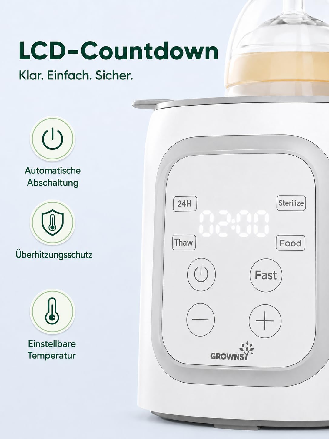 Grownsy Flaschenwärmer Baby, 10-in-1 Fläschchenwärmer für alle Flaschen mit Timer, präziser Temperaturkontrolle und automatischer Abschaltung, multifunktionaler Flaschenwärmer für Muttermilch Grey