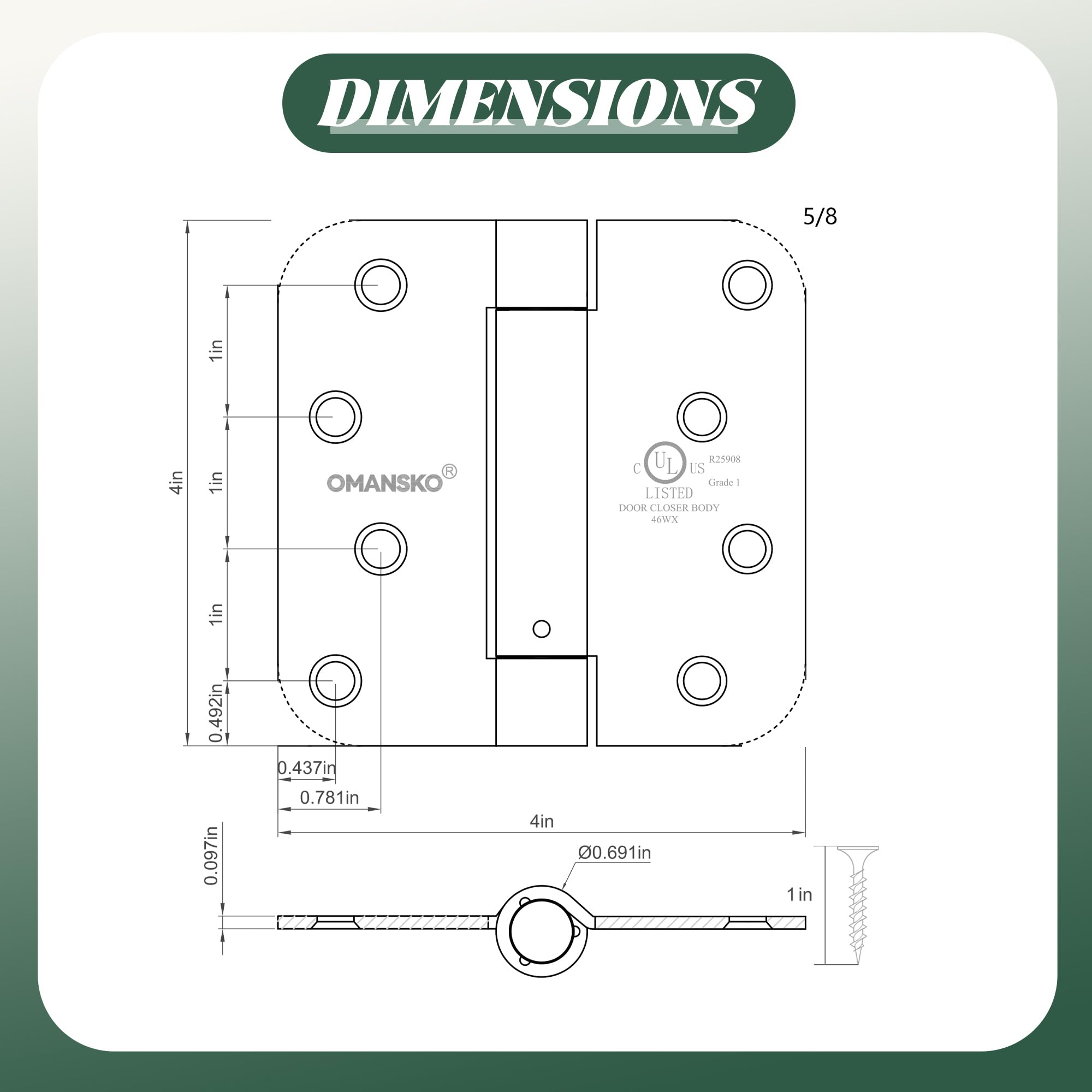 Paquete de 2 bisagras de puerta de cierre automático de 4 pulgadas, color negro mate, bisagras de cierre automático, esquinas de radio de 5/8 pulgadas, tensión ajustable para puerta interior, bisagra