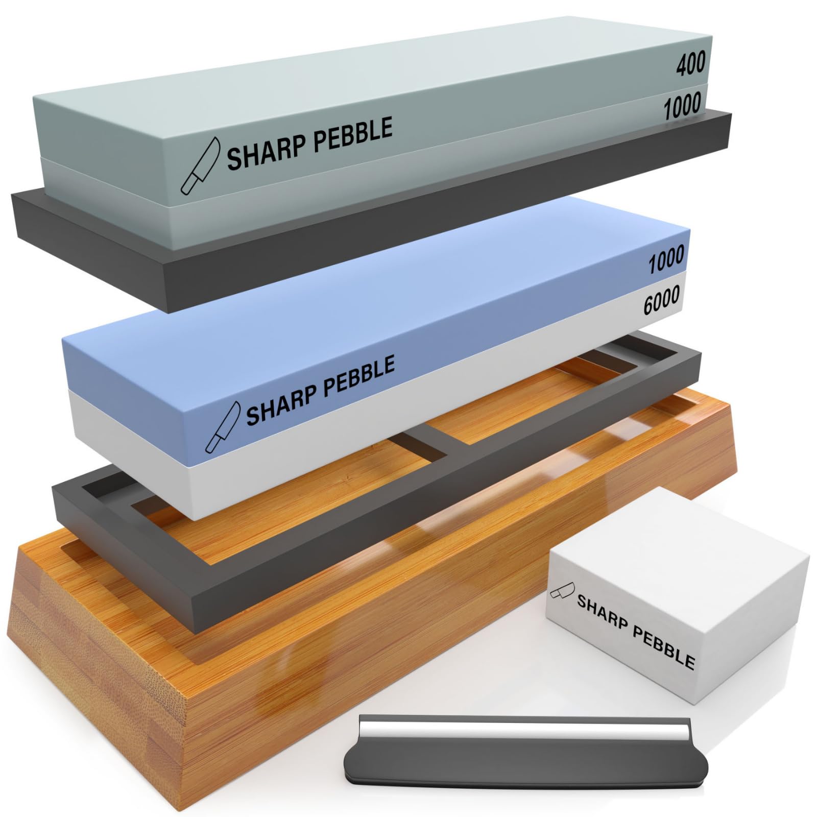 Sharp Pebble Knife Sharpening Stones Kit with 400 1000 and 1000 6000 Grit with Flattening Stone Angle Guide