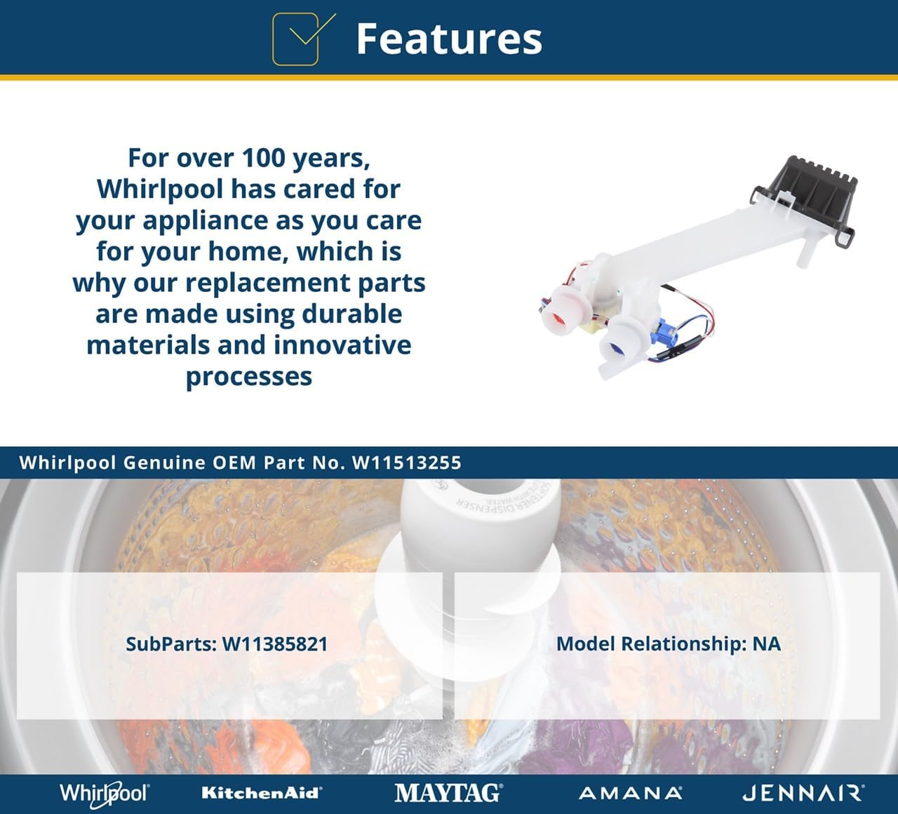 Whirlpool W11513255 Genuine OEM Washer Water Inlet Valve Assembly Replacement Part - Replaces W11385821