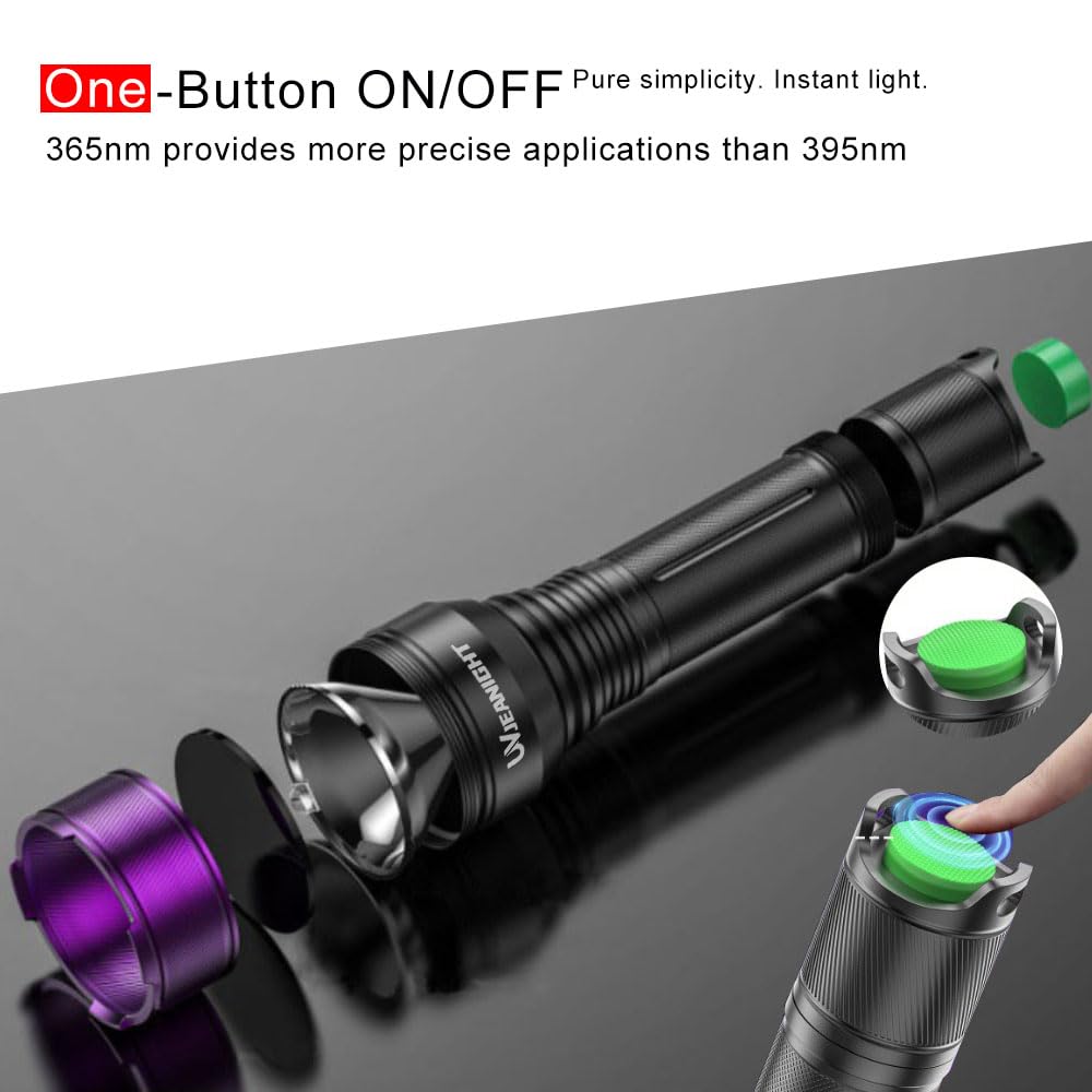 Linternas de luz negra de 365 nm, luz negra UV recargable con LED filtrados para caza de yooperlita, detección de orina de mascotas, resinas, escorpiones, fugas de automóviles