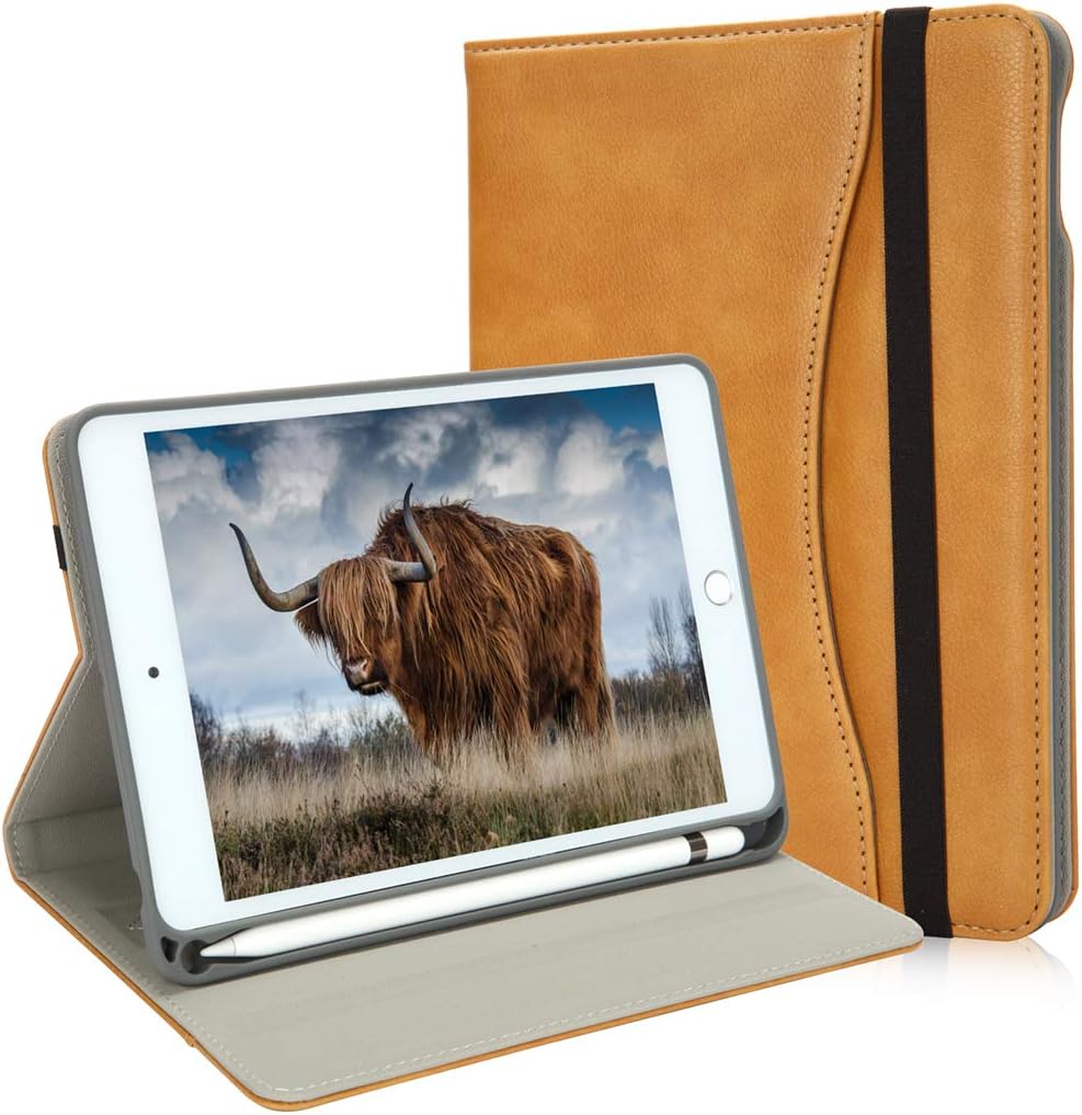 New iPad Mini Case 5th Generation with Pencil Holder - Mini iPad 4 Leather Stand Folio - Wallet Pocket - Handle Strap - Soft TPU Back Cover Auto Sleep/Wake for 7.9 Inch iPad Mini 4 / 5 (Camel)
