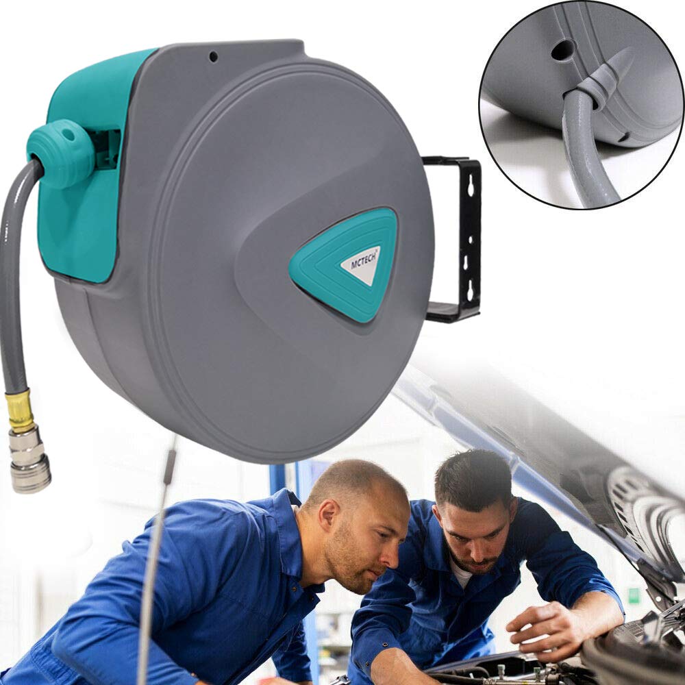 Aufun Bobine de tuyau à air comprimé de 20 m avec PVC - Enrouleur automatique de tuyau à air comprimé de 1/4", pivotant à 180°, boîte de tuyau murale avec support mural, tambour de tuyau à air