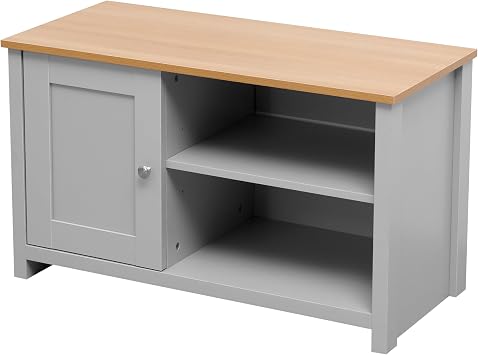 Wooden TV Unit TV Stand Cabinet with 1 Door and Shelves TV Storage Unit Entertainment Multimedia Centres for Living Room Furniture, White or Grey Grey+Oak Color