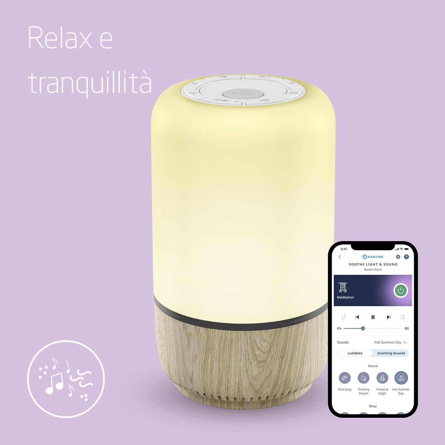 Maxi-Cosi Soothe Luce notturna intelligente per bambini con rumore bianco e musica, aiuta a sviluppare routine del sonno, attivabile con app o comando vocale, compatibile con Alexa e Google Home