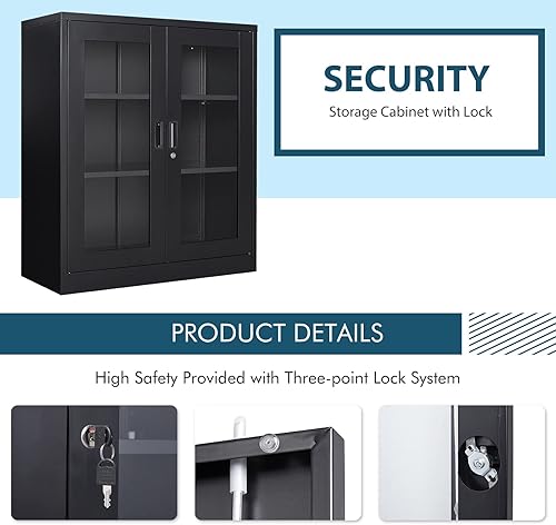 Miniatura 6 de MIIIKO Gabinete de almacenamiento de metal con puertas de vidrio, gabinete de exhibición alto de mostrador con 2 estantes ajustables y puertas de