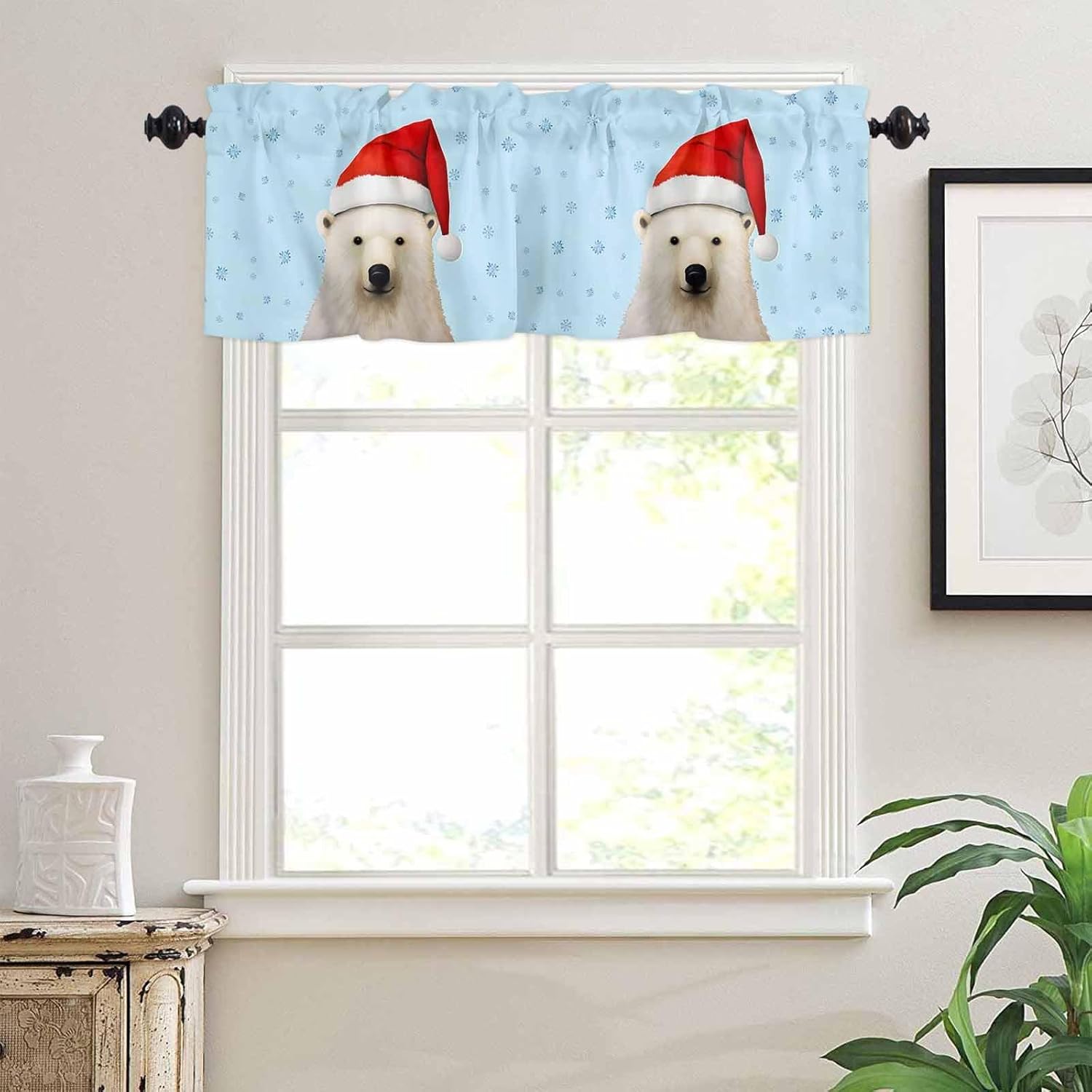 Curtain Valance 54" x 18", Merry Christmas Bear Window Valances Rod Pocket Curtains Drapes, Christmas Snowflake Blue Short Topper Curtain for Kitchen Cafe Living Room, 1 Panel