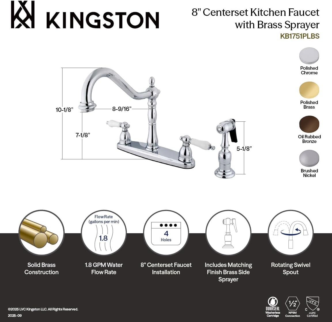 Kingston Brass KB1755PLBS Heritage 8-Inch Centerset Kitchen Faucet, Oil Rubbed Bronze