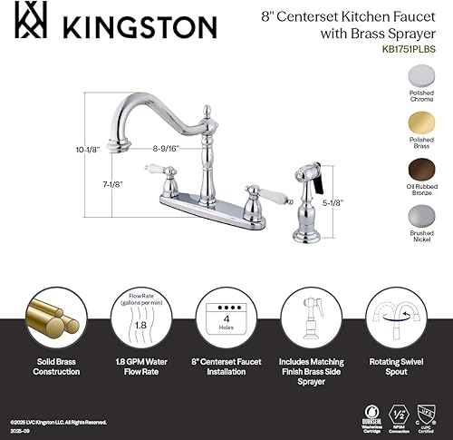 Vista 4 de Kingston Brass KB1752PLBS Heritage - Grifo de cocina central de 8 pulgadas, latón pulido