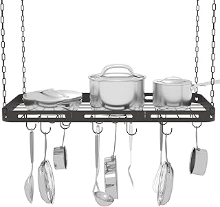 33” Pots and Pans Hanging Rack, Black Hanging Pot Rack Ceiling Mount wit...