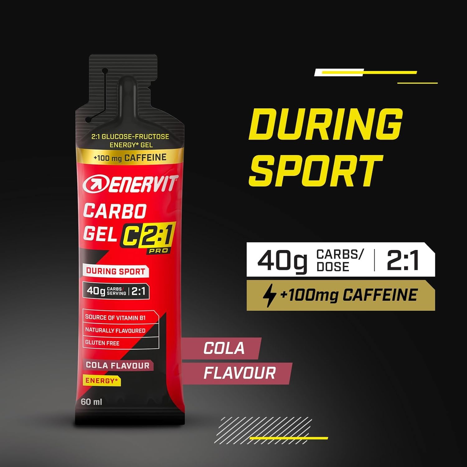 Enervit Carbo Gel C2:1PRO con Cafeína, Gel Energético con 40g Carbohidratos, Actividades de Alta Intensidad, +50% Carbohidratos Absorbidos, Sabor Cola, Sin Gluten, Alta Digestibilidad, 7 Pack de 60ml