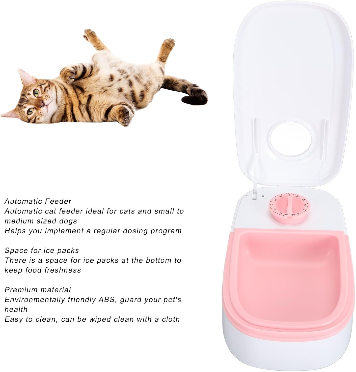 Automatic Pet Feeder, Multifunction Detachable Intelligent Single Meal Timed Cat Food Dispenser Wet Dry Food Dispenser with Rotating Buckle and Space for Ice Bags for Cats and, Pink