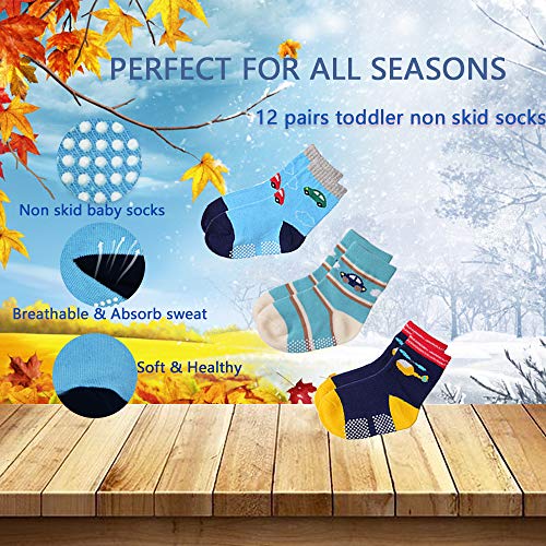Image of Tphon 12 Pairs Toddler Non Skid Socks with Grips Anti Slip Bottom, Cotton Non Slip Ankle Crew Socks for Boys, Girls, Kids(1-7Years)