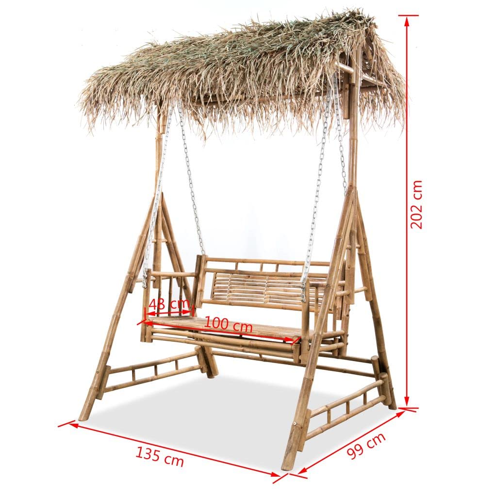 Banco Columpio de Dos plazas bambú y Hojas de Palma, Columpio Jardin Exterior, Balancin Jardin Exterior, Muebles Jardin Exterior, Balancin Balcon, 202 cm