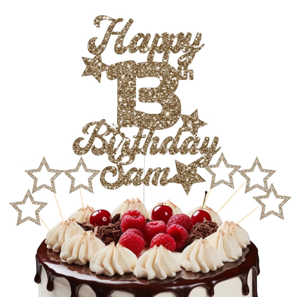 Personalised Happy Birthday Cake Topper Customised with Any Age Name Party Cake Decoration 16 18 21 40 60 Glitter Card Rose Gold, 12 Colours (Champagne)