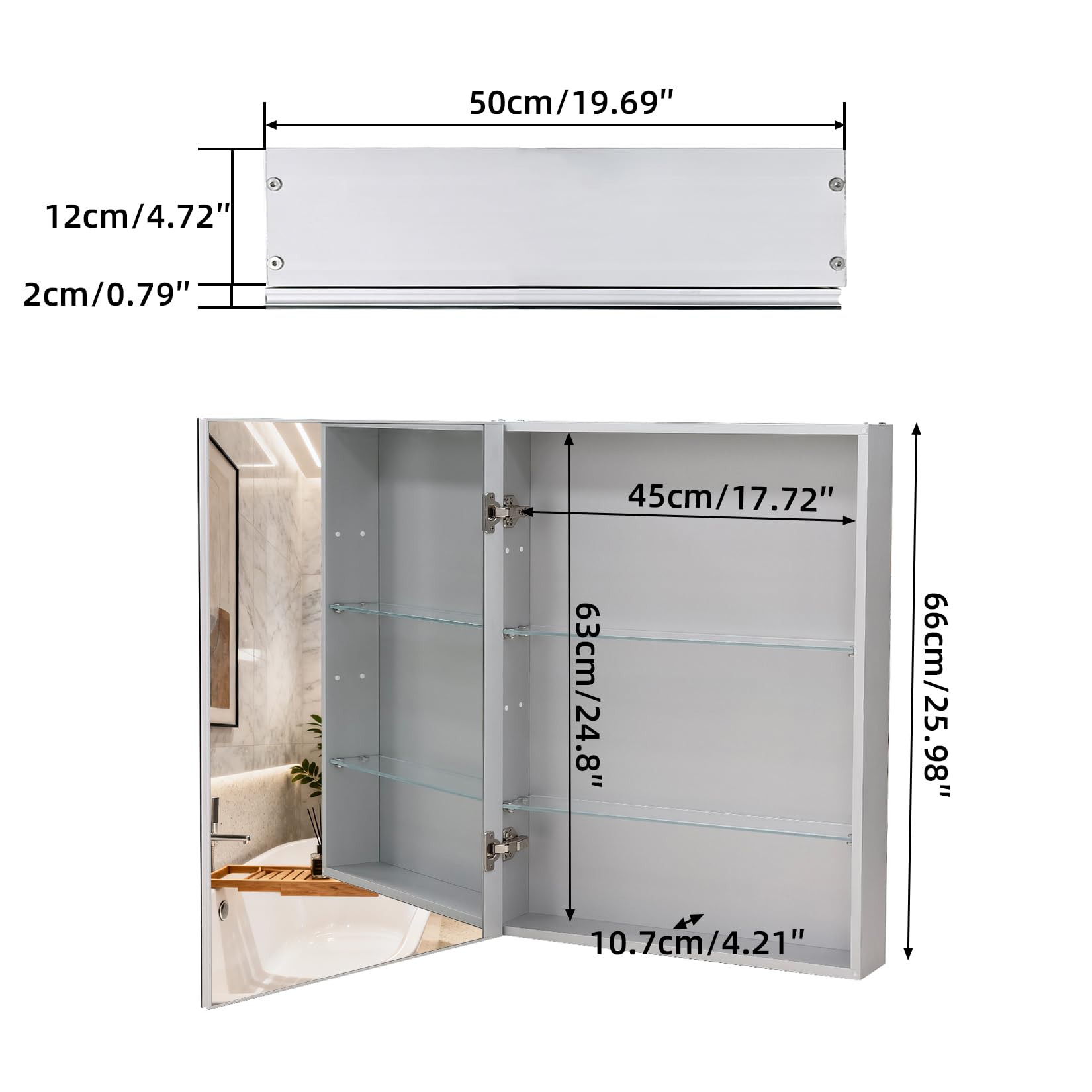 Botiquín de baño de 50 x 66 cm con espejo, marco de aluminio, ligero, resistente y atractivo, adecuado para empotrar o montar en la pared, estantes ajustables, vidrio templado, requiere