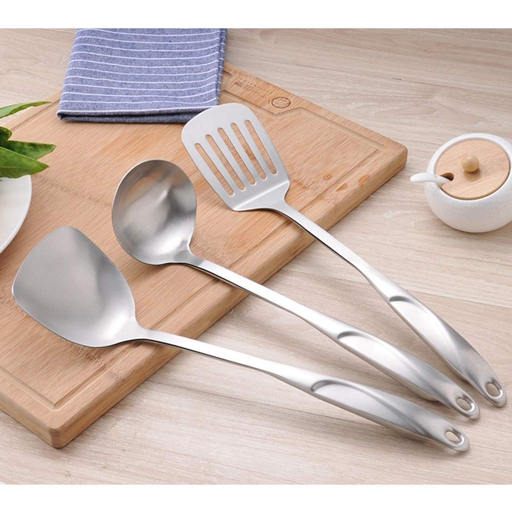 Set di utensili da cucina in acciaio inox, 6 strumenti essenziali tra cui cucchiaio scanalato, spatola scanalata, cucchiaio grande, mestolo da minestra e spatola per una preparazione versatile dei